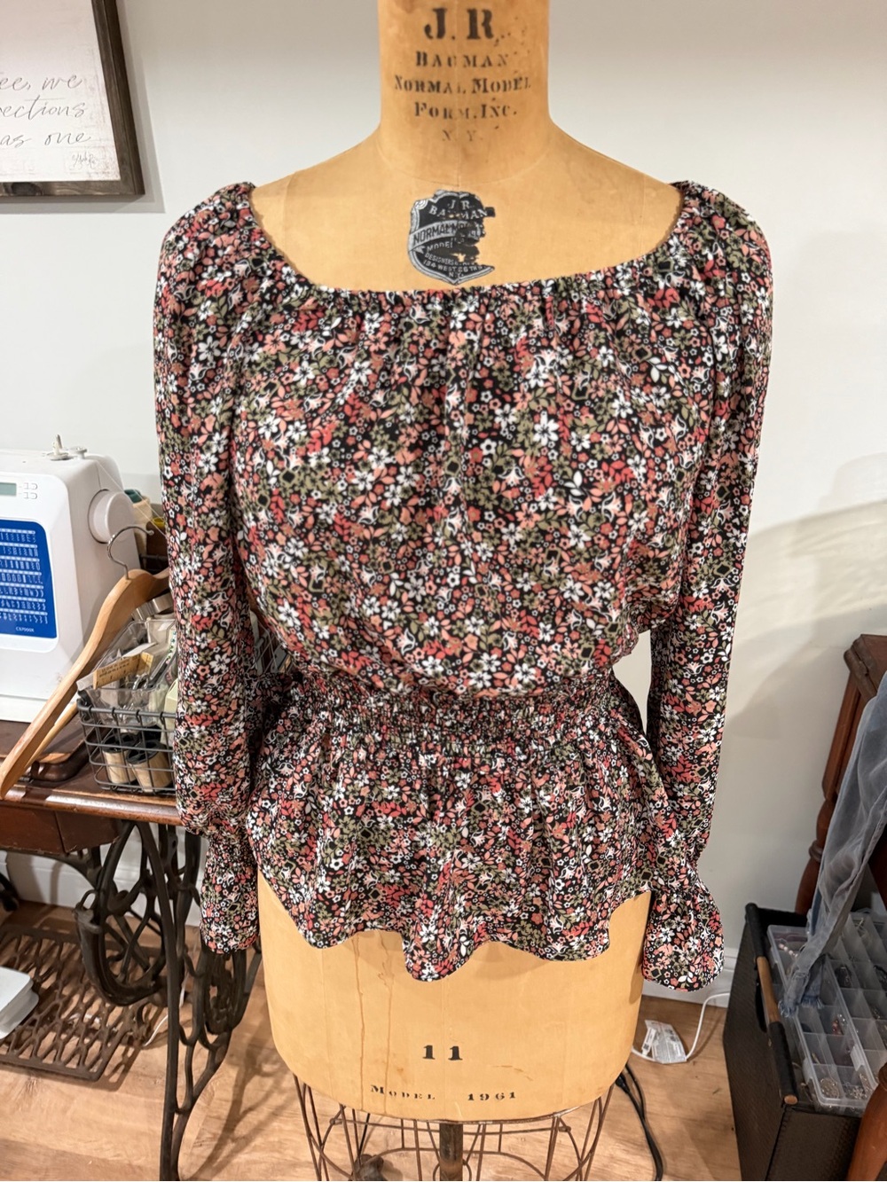 Max Edition Pink and Black Floral Smocked Waist Blouse
